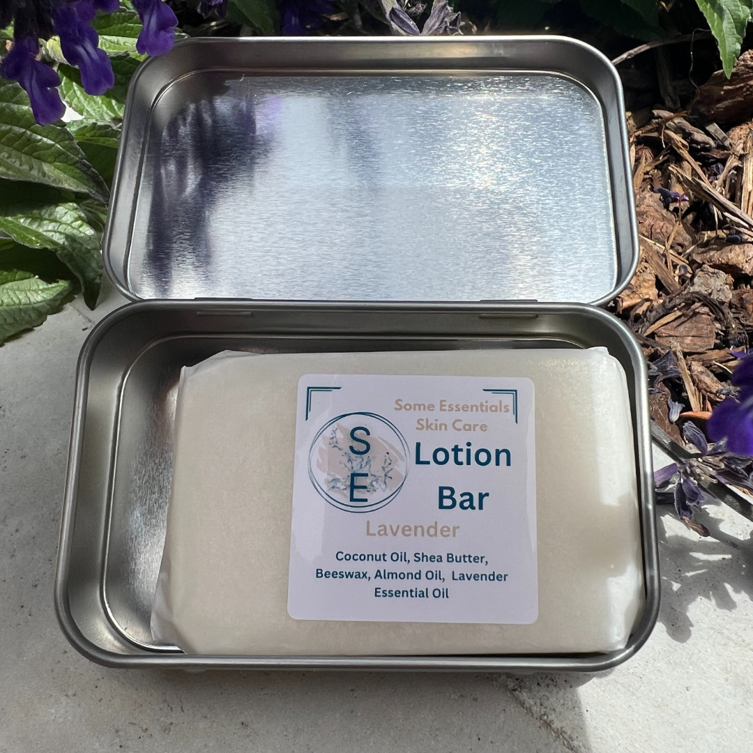 All natural lotion bar with carrying tin. Add moisture with Coconut oil, shea butter, almond oil and essential oils